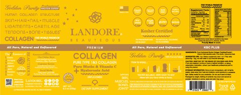LANDORE Premium TYPE1&3 Bovine Collagen Powder Plus Pure BIOTIN, HYALURONIC Acid, Vitamin C(UNFLAVORED) Made in U.S.A. Ship to Taiwan